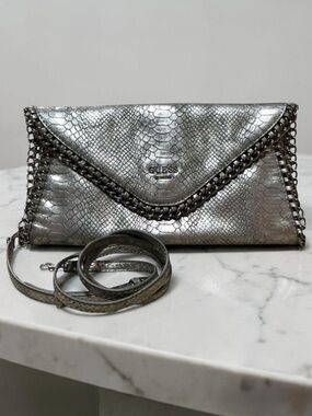 Guess Silver Faux Snakeskin Embossed Crossbody Clutch Handbag Purse